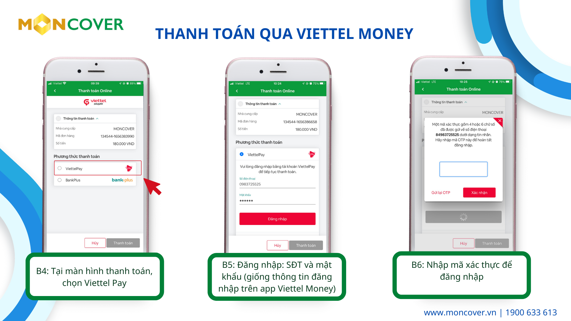 Hướng dẫn nạp ví và thanh toán hợp đồng trên app Moncover qua Viettel Money