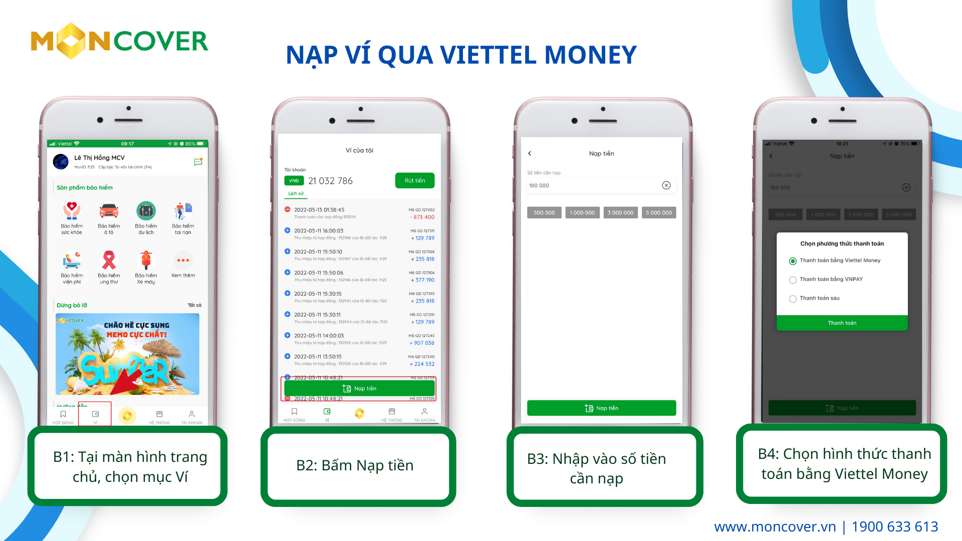 Hướng dẫn nạp ví và thanh toán hợp đồng trên app Moncover qua Viettel Money