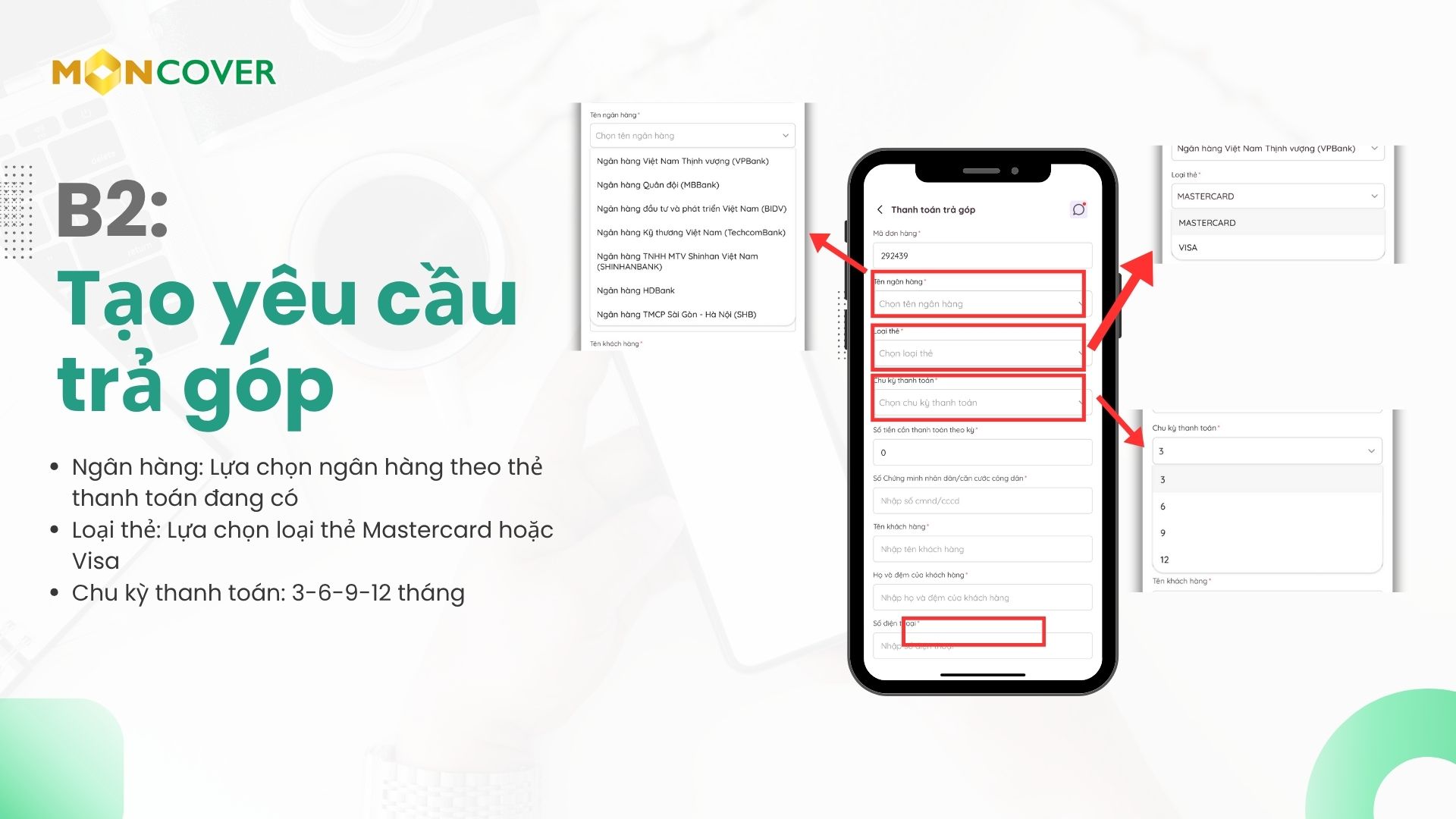 Hướng dẫn trả góp trên app Moncover