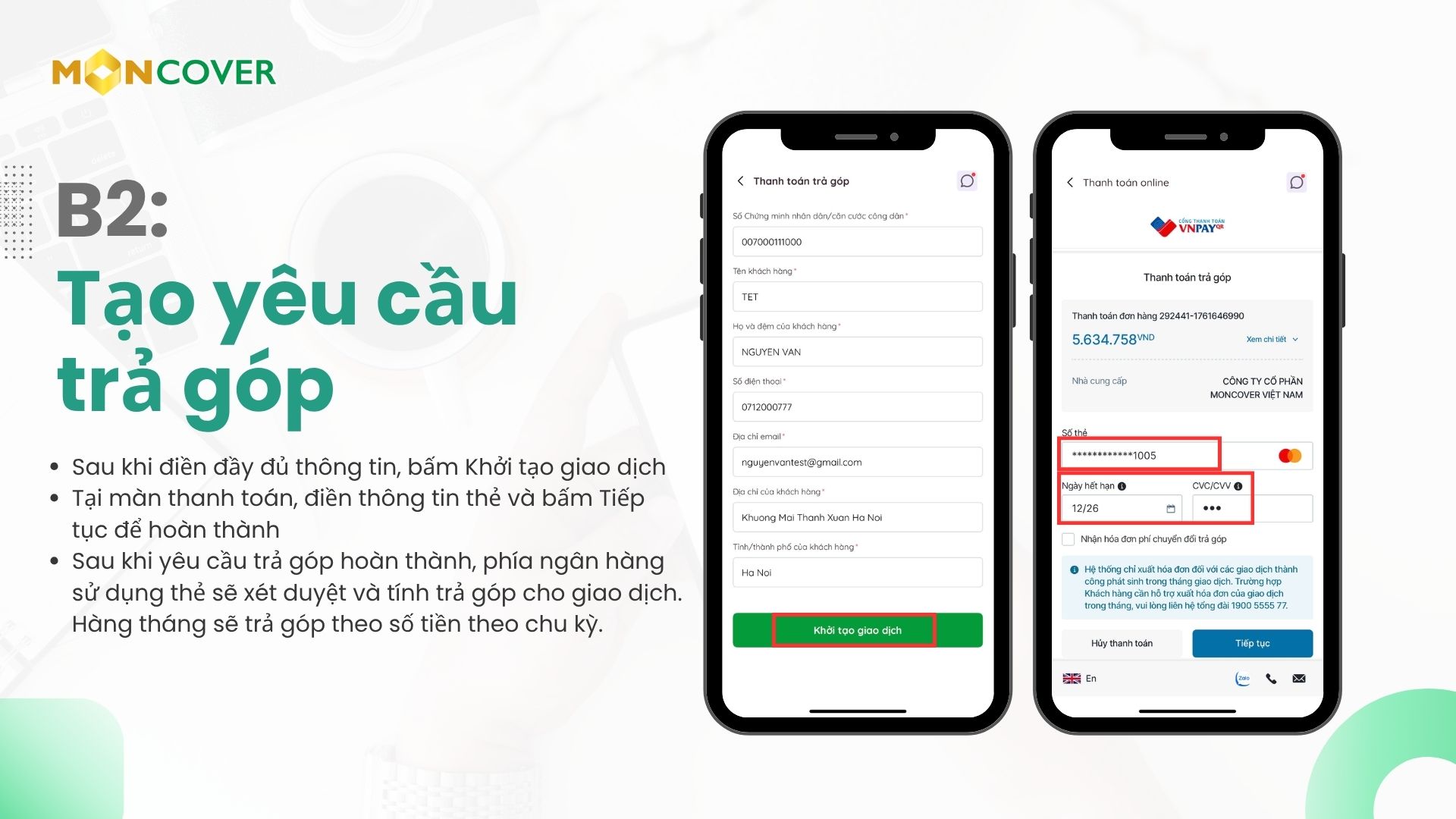 Hướng dẫn trả góp trên app Moncover