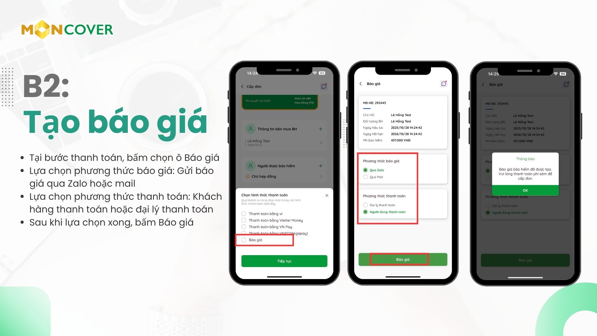 Hướng dẫn tạo báo giá trên app Moncover