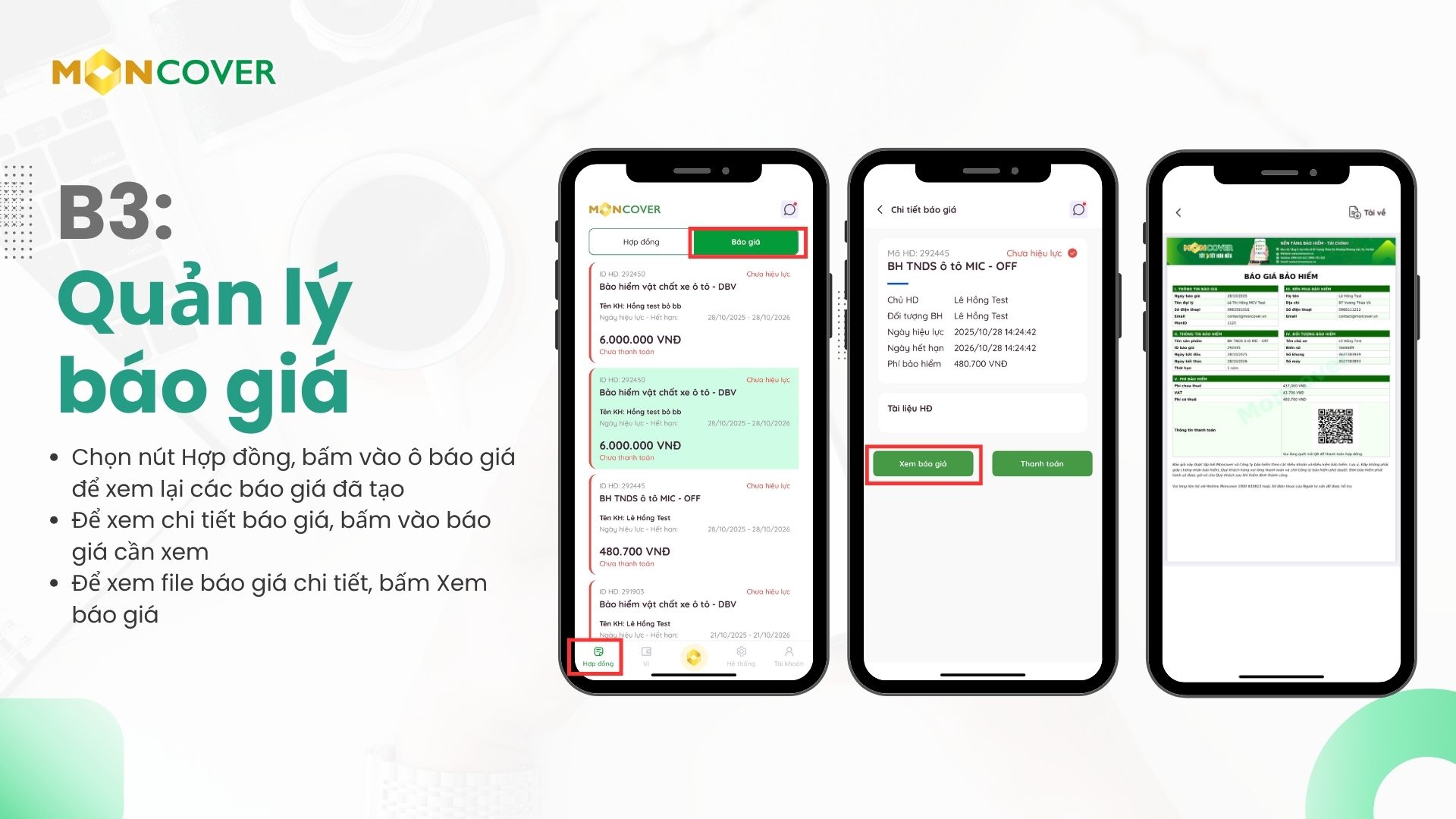 Hướng dẫn tạo báo giá trên app Moncover