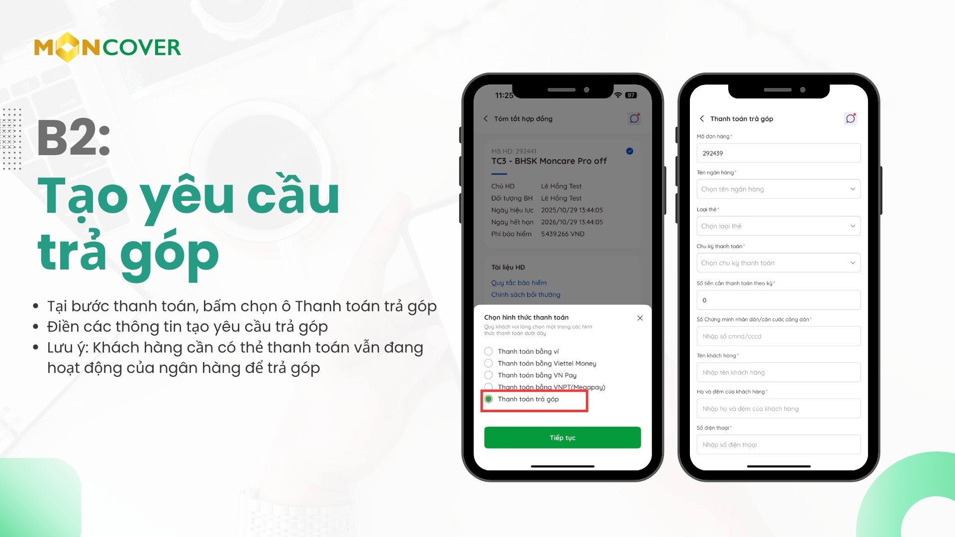 Hướng dẫn trả góp trên app Moncover