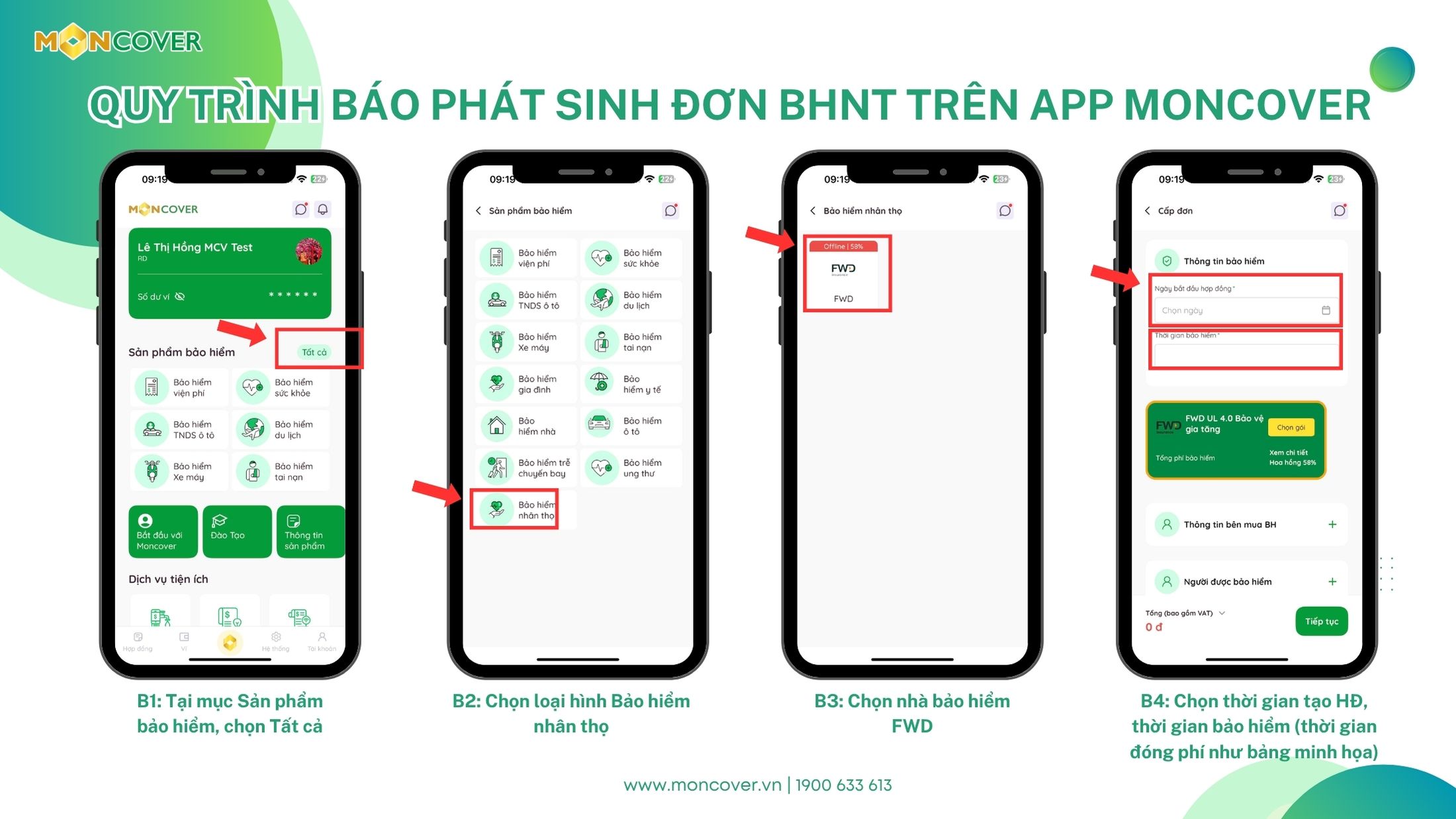 Quy trình báo phát sinh đơn nhân thọ trên app Moncover