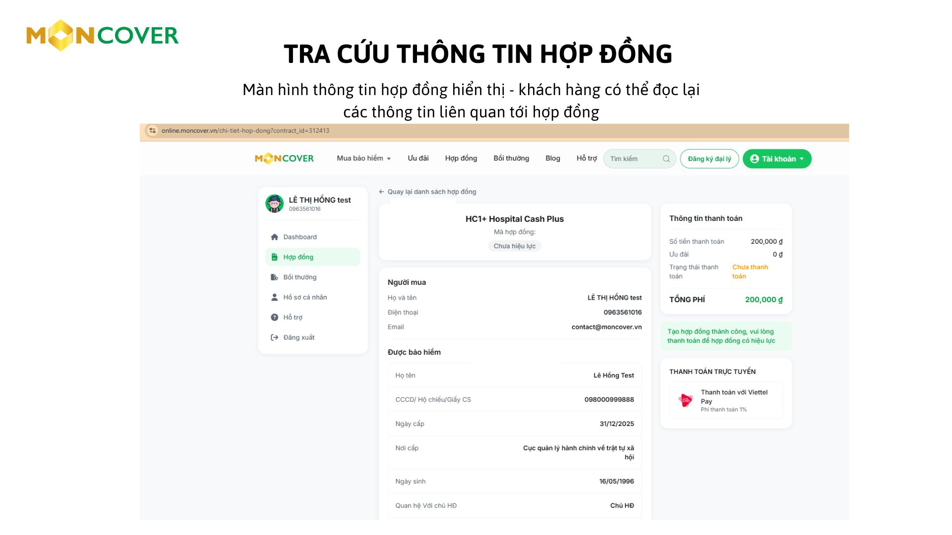 Hướng dẫn sử dụng trang tra cứu dành cho khách hàng Moncover